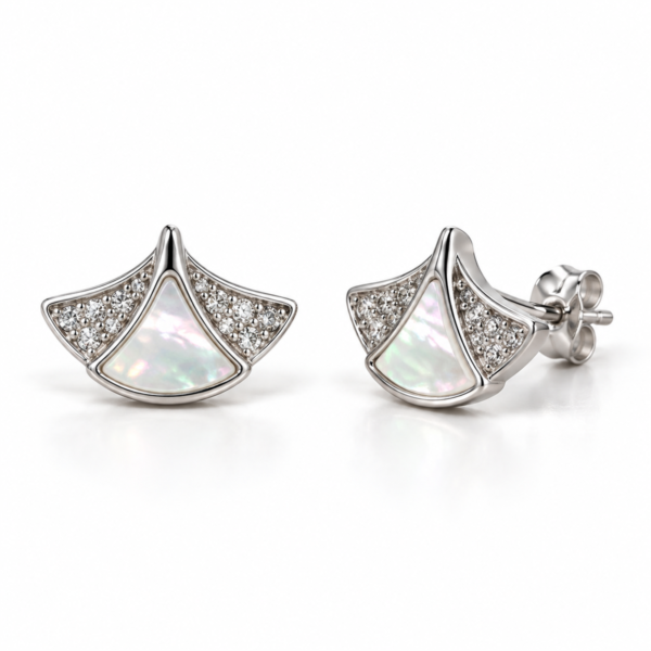 Pearl Cutiepie silver pearl fan earrings front and angled view with back lock