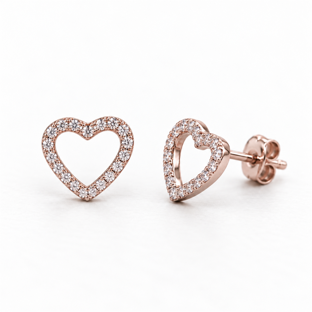 Blush Heart EES0071 rose silver open heart stud earrings with clear stones, front and angled views with back lock