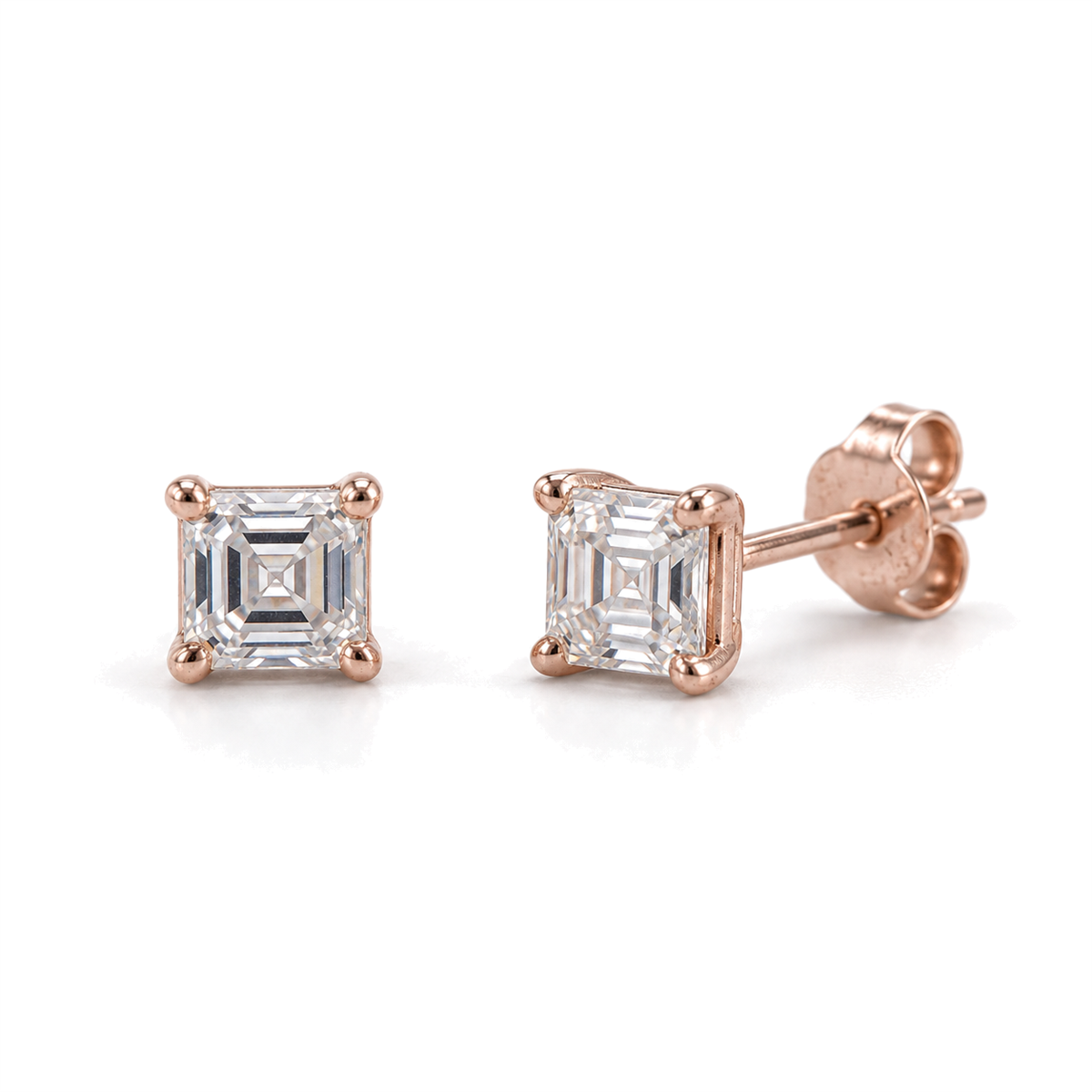 EES0073 rose silver square studs, front and angled views with butterfly lock