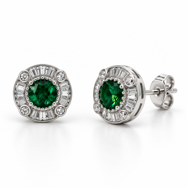 EES0074 silver Emerald Crown stud earrings with green center stone, front and angled views with back lock