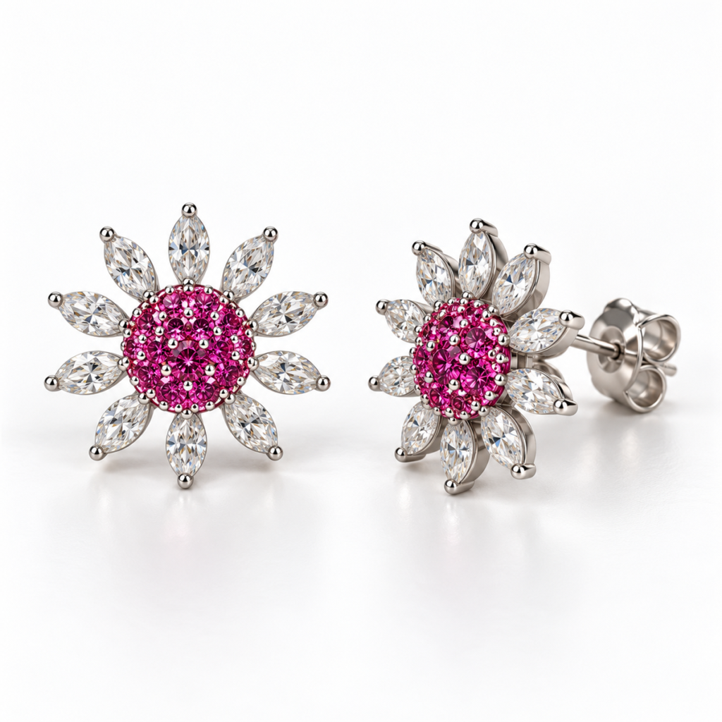 Red Sunshine pink gemstone flower earrings front and angled view with back lock