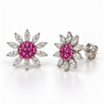 Red Sunshine pink gemstone flower earrings front and angled view with back lock