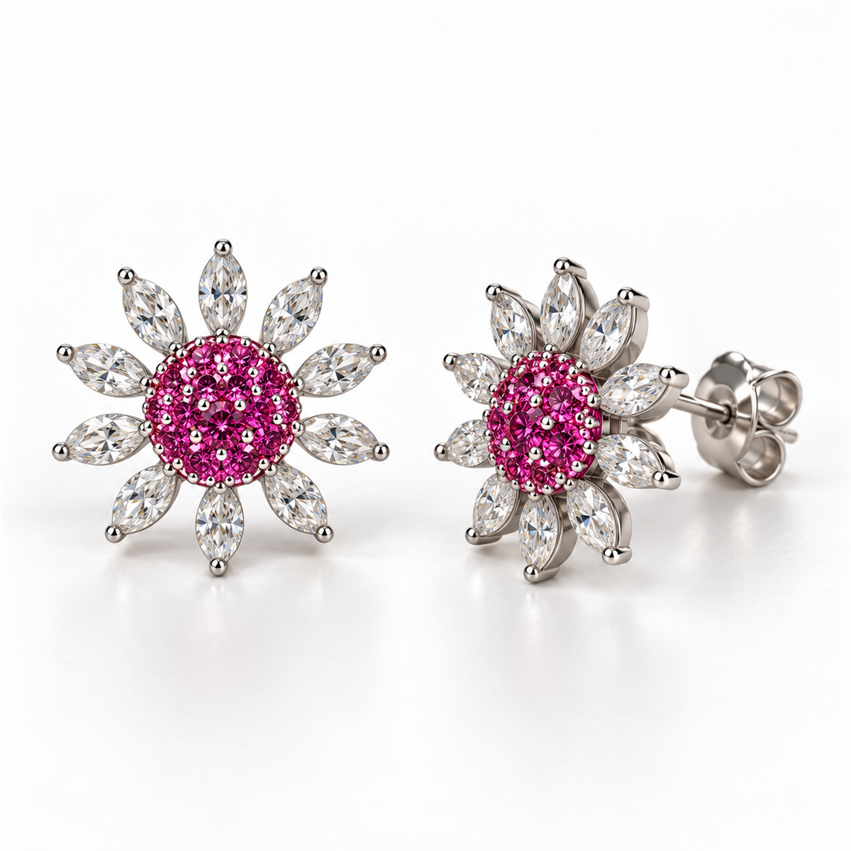 Red Sunshine pink gemstone flower earrings front and angled view with back lock