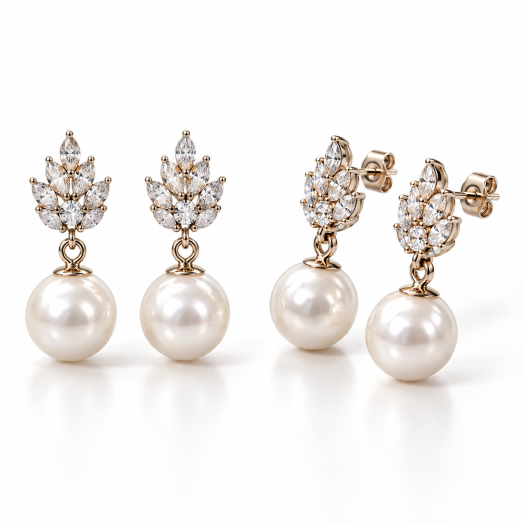 EES0076 Rose Steller earrings front and angled view with pearl drops and butterfly back lock