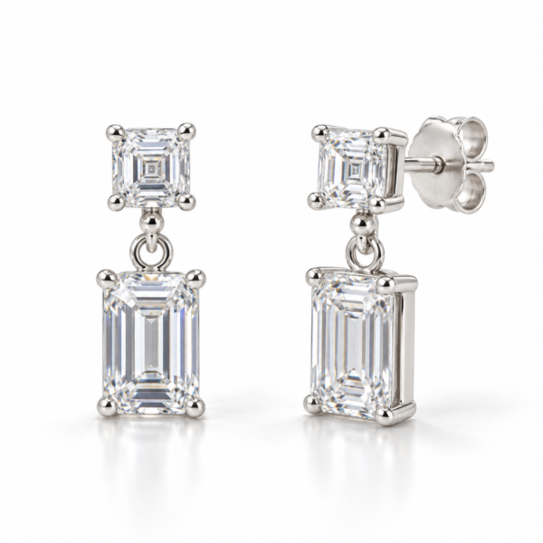 EES0077 silver Ice Studs with square crystal drop, front and angled views with back lock