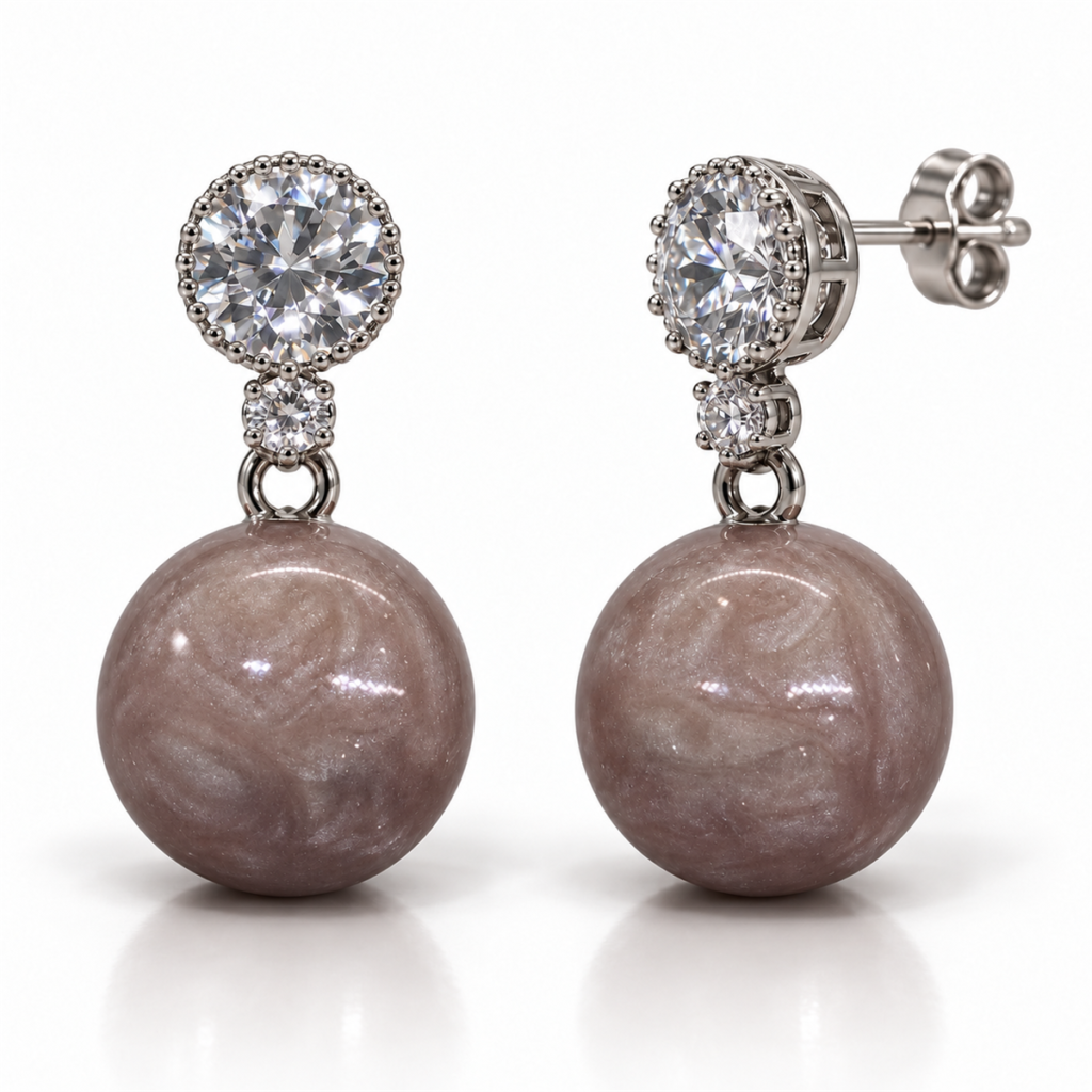 Blush drop EES0081 silver earrings with clear crystal studs and mauve drop beads, front and angled views with back lock