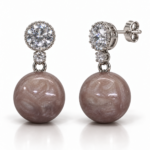 Blush drop EES0081 silver earrings with clear crystal studs and mauve drop beads, front and angled views with back lock