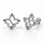Blue effect EES0082 silver earrings with blue and clear stones, front and angled views with back lock