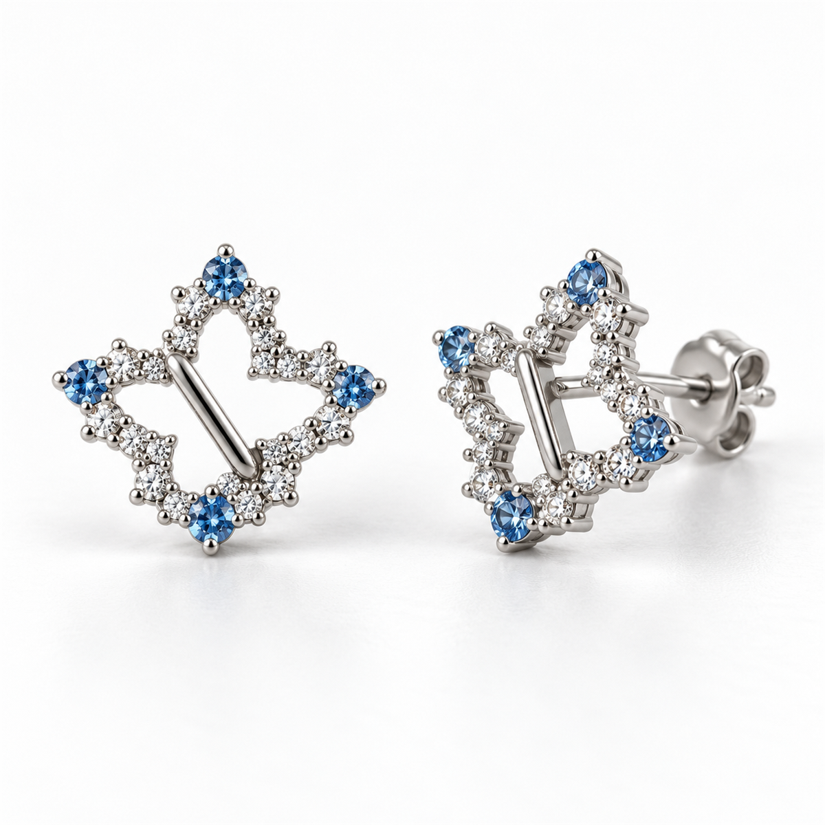 Blue effect EES0082 silver earrings with blue and clear stones, front and angled views with back lock
