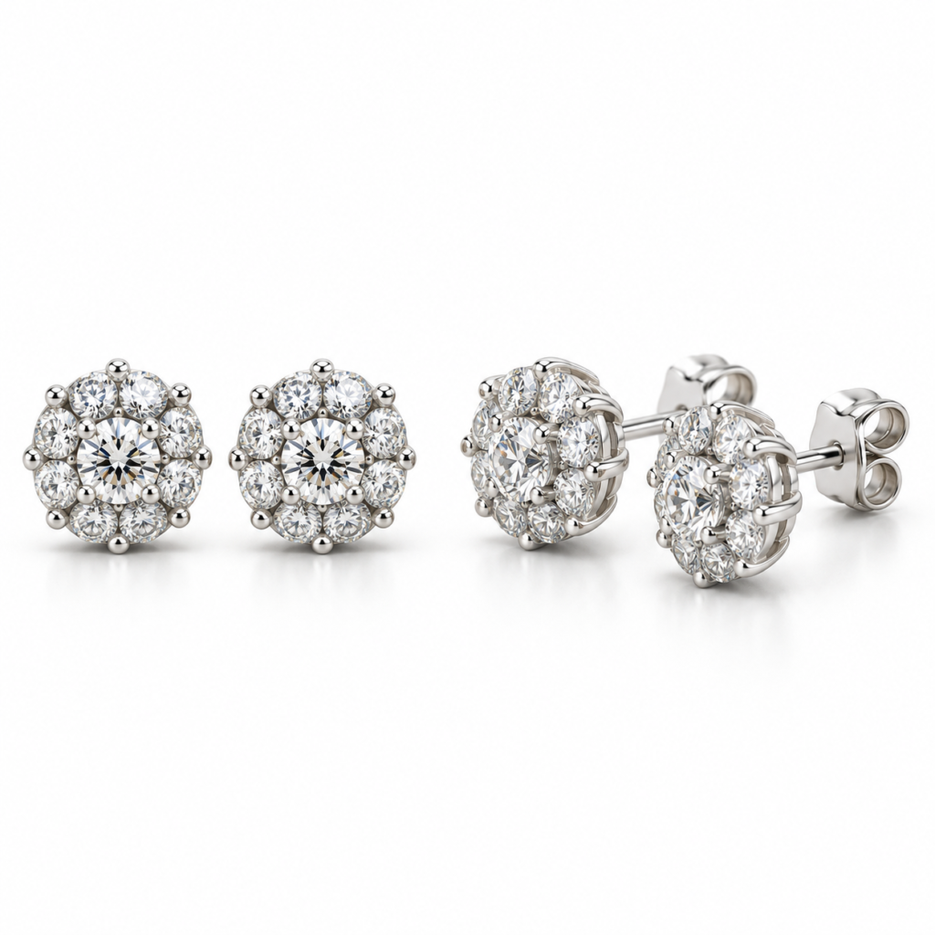 EES0083 Silver Studs front and angled view with round floral diamond cluster and butterfly lock