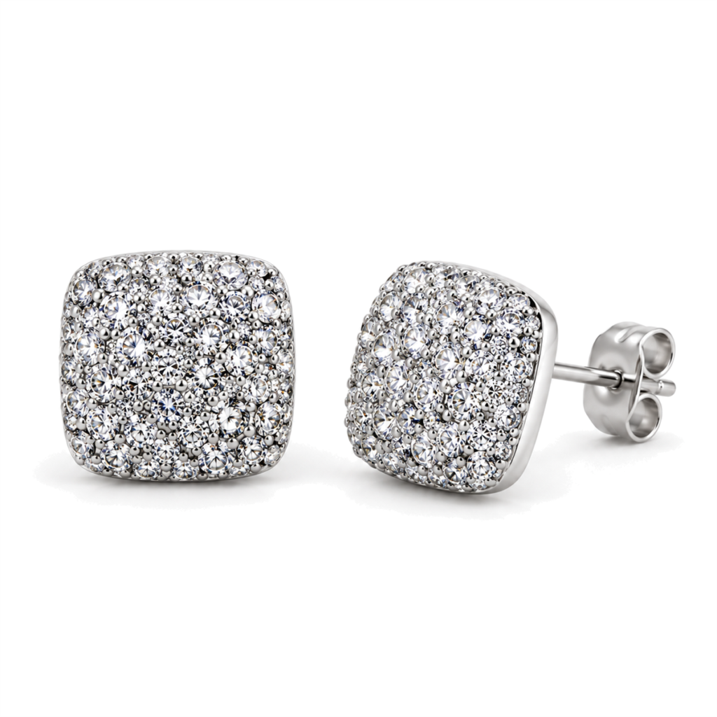 EES0088 Teardrop rounded-square pavé studs, front and angled views with butterfly lock