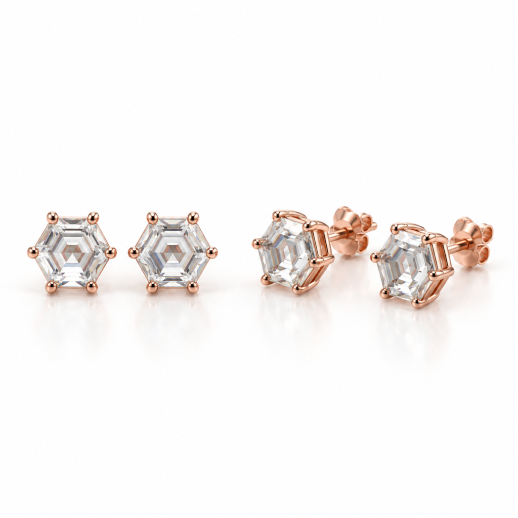 EES0089 rose silver hexagonal stud earrings front and angled view with butterfly back lock