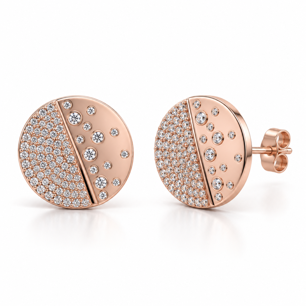 EES0090 rose-silver round Dual Eclipse stud earrings with clear stones, front and angled views with back lock