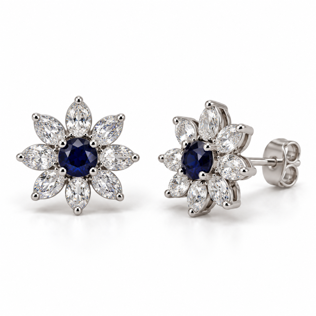 Blue Rose EES0091 silver flower earrings with blue center and clear petals, front and angled views with back lock