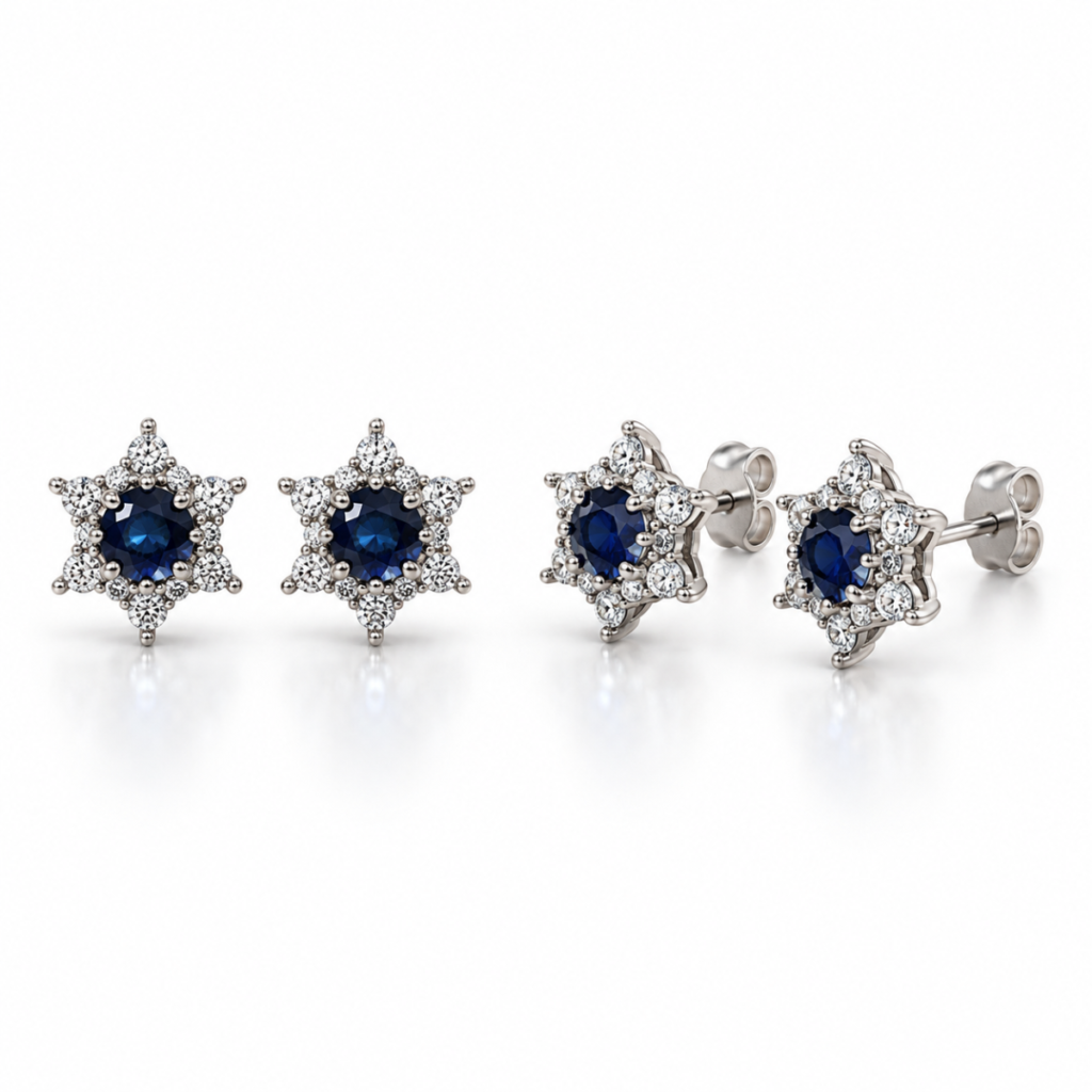 EES0093 Sapphire Star earrings front and angled view with butterfly back lock