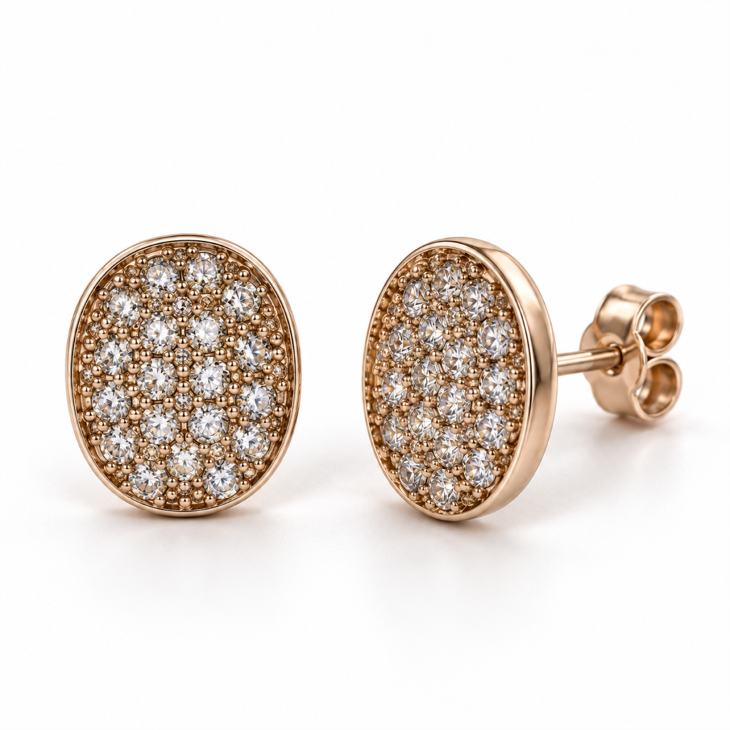 Ovel Solitaire rose silver oval pavé earrings front and angled view with back lock
