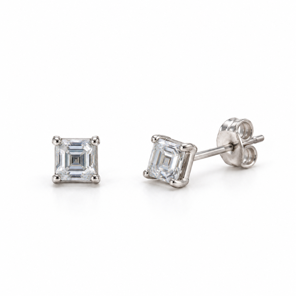 EES0095 Square Studs, front and angled views with silver posts and butterfly lock