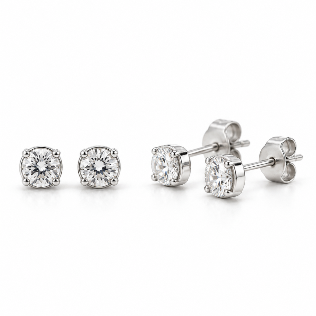 EES0096 Silver Studs front and angled view with simple round solitaire stones and butterfly locks