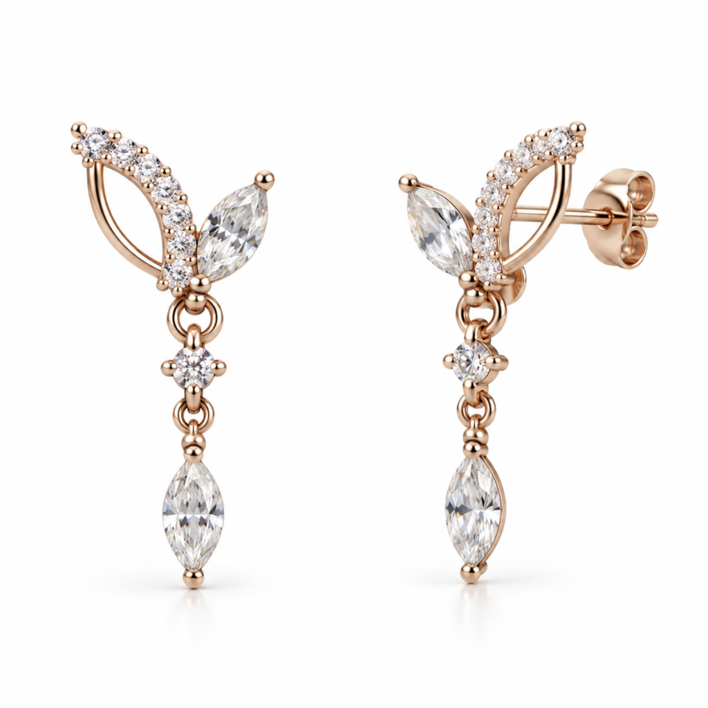 EES0100 Eloria rose-silver leaf drop earrings with clear stones, front and angled views with back lock