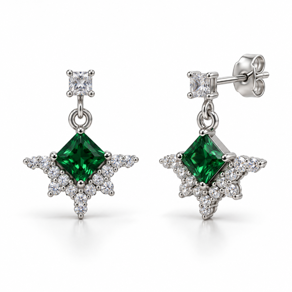 EES0102 silver Green Slicker drop earrings with green square stone, front and angled views with back lock