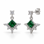 EES0102 silver Green Slicker drop earrings with green square stone, front and angled views with back lock