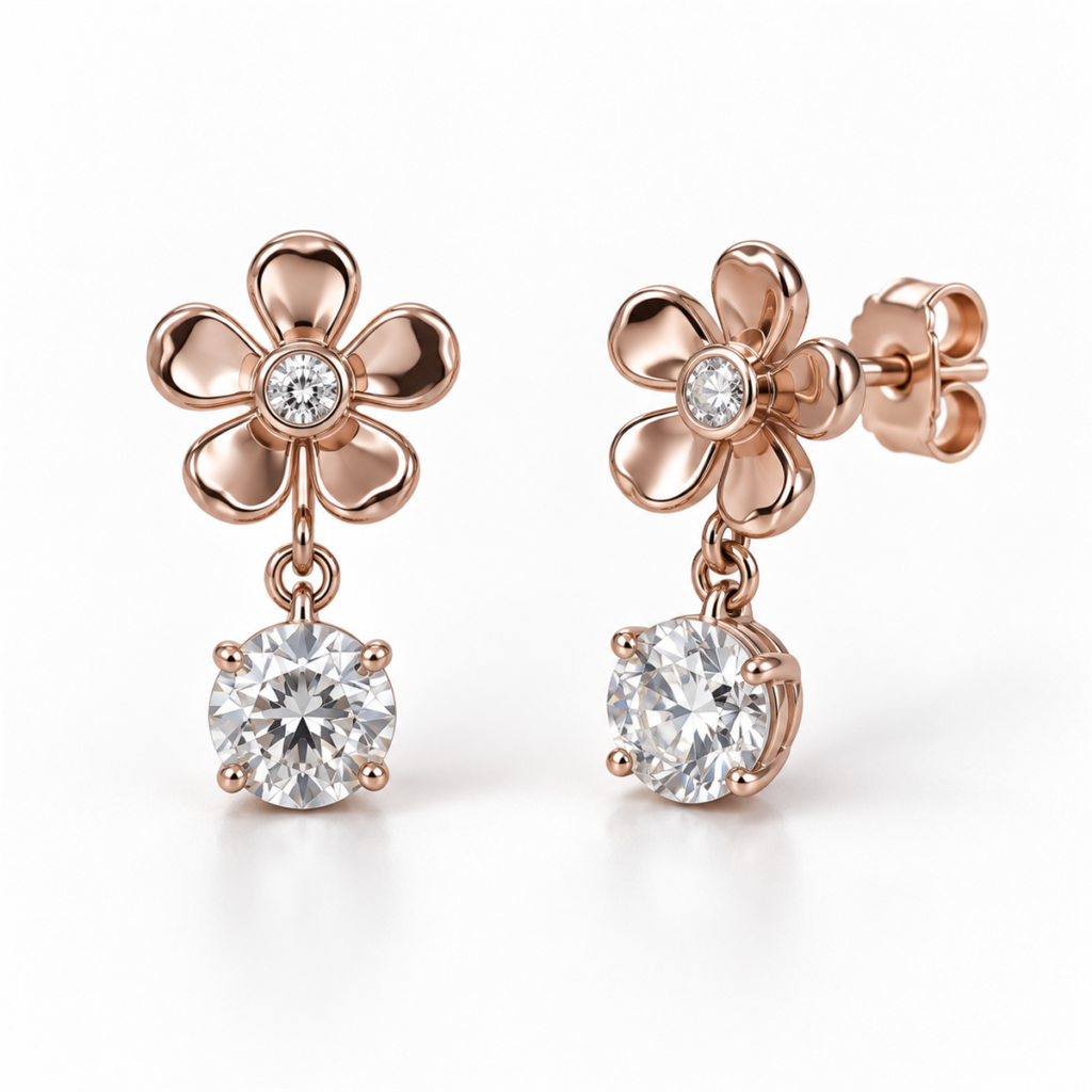 Rose Flower rose silver clear gemstone drop earrings front and angled view with back lock
