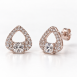 Rose Halo rose silver pavé earrings front and angled view with back lock