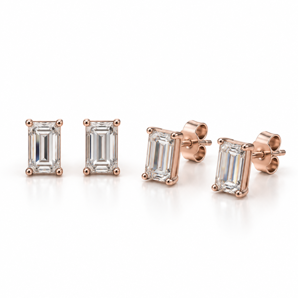 EES0106 rose silver baguette stud earrings front and angled view with butterfly back lock