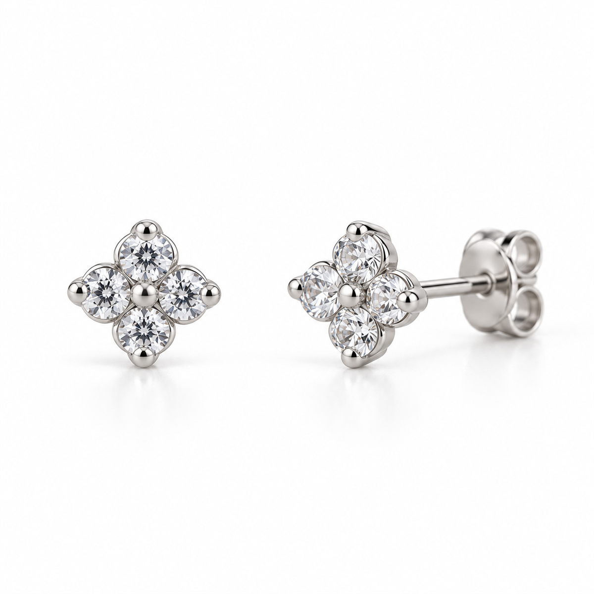 EES0107 silver Frost knot four-petal clear-stone stud earrings, front and angled views with back lock